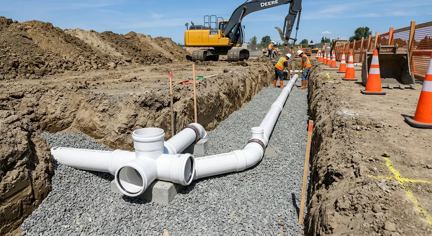 New PVC sewer pipe installation in open trench for Commercial Drain Cleaning in Seffner