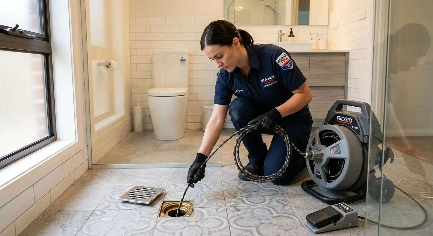 Technician clearing a bathroom floor drain for Hydro Jetting in Seffner